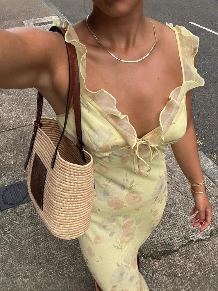 Robe longue élégante pour femme, imprimé floral, à volants, sans manches, dos nu, décolleté plongeant, à lacets, nouvelle collection été 2026, coupe ajustée