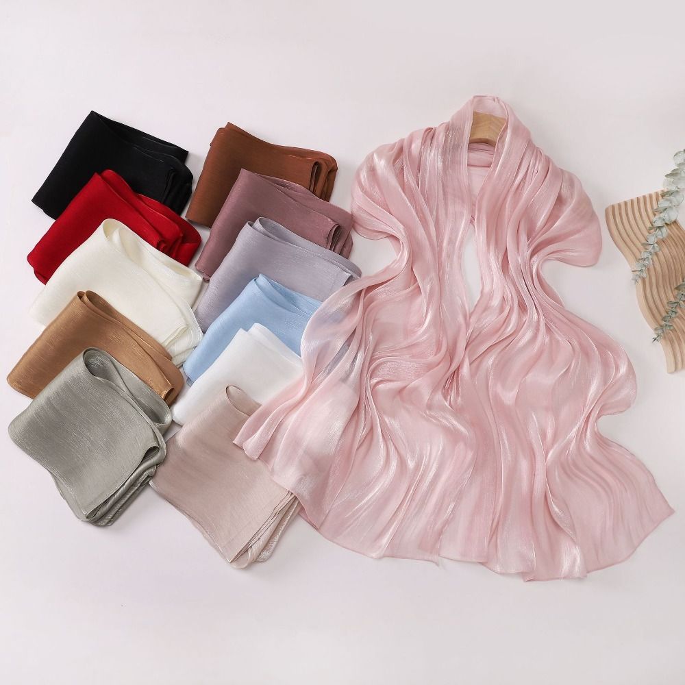 Écharpe en Soie Unie de Haute Qualité, Voile Hijab en Mousseline Brillante, Longue Écharpe Douce pour le Ramadan et l'Extérieur