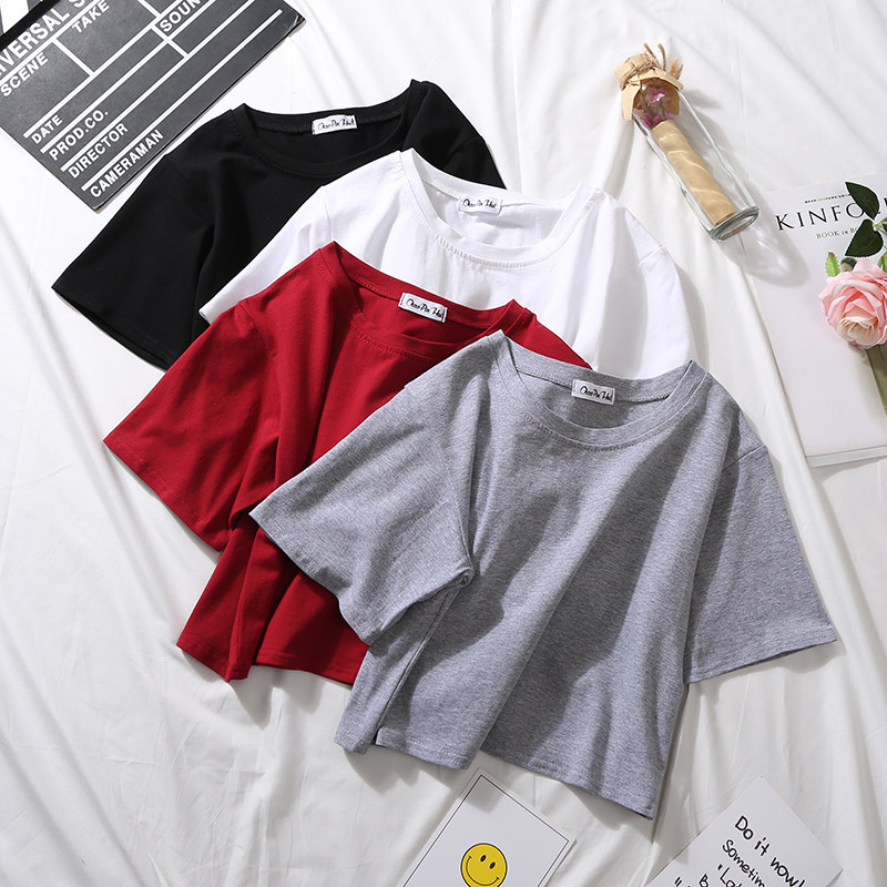 Été à manches courtes t-shirts femmes coton solide T-shirt col rond taille haute haut court T-shirt femme décontracté ample T-shirt