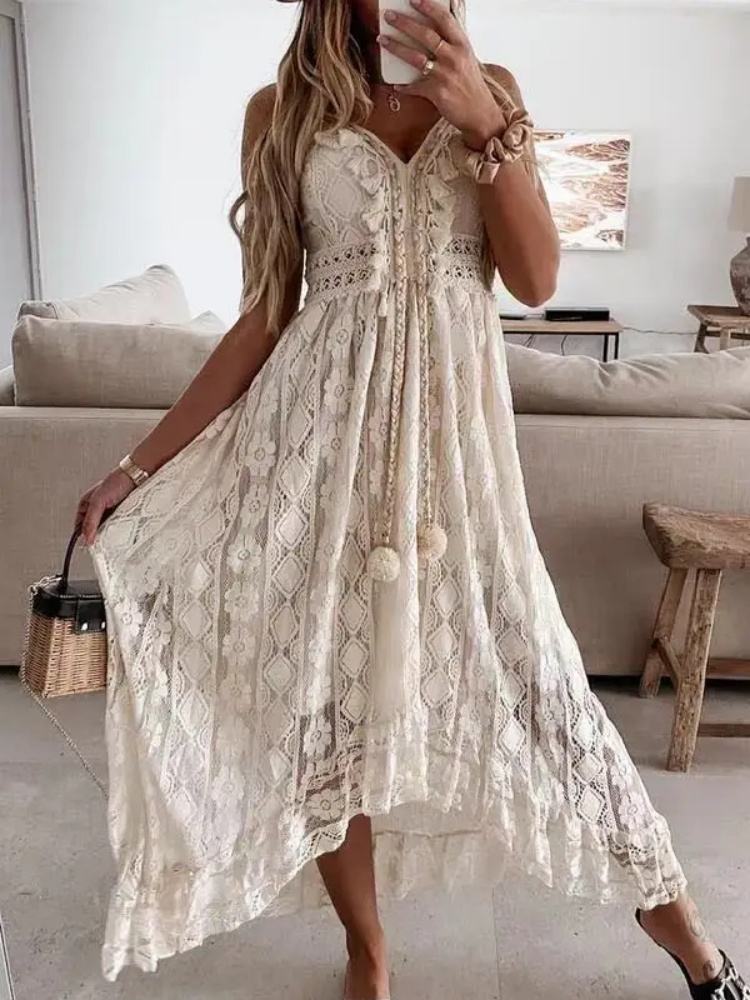 Robe longue en dentelle sans manches pour femmes, mode d'été, Sexy, plage, vacances, col en V, ajourée, robes amples élégantes