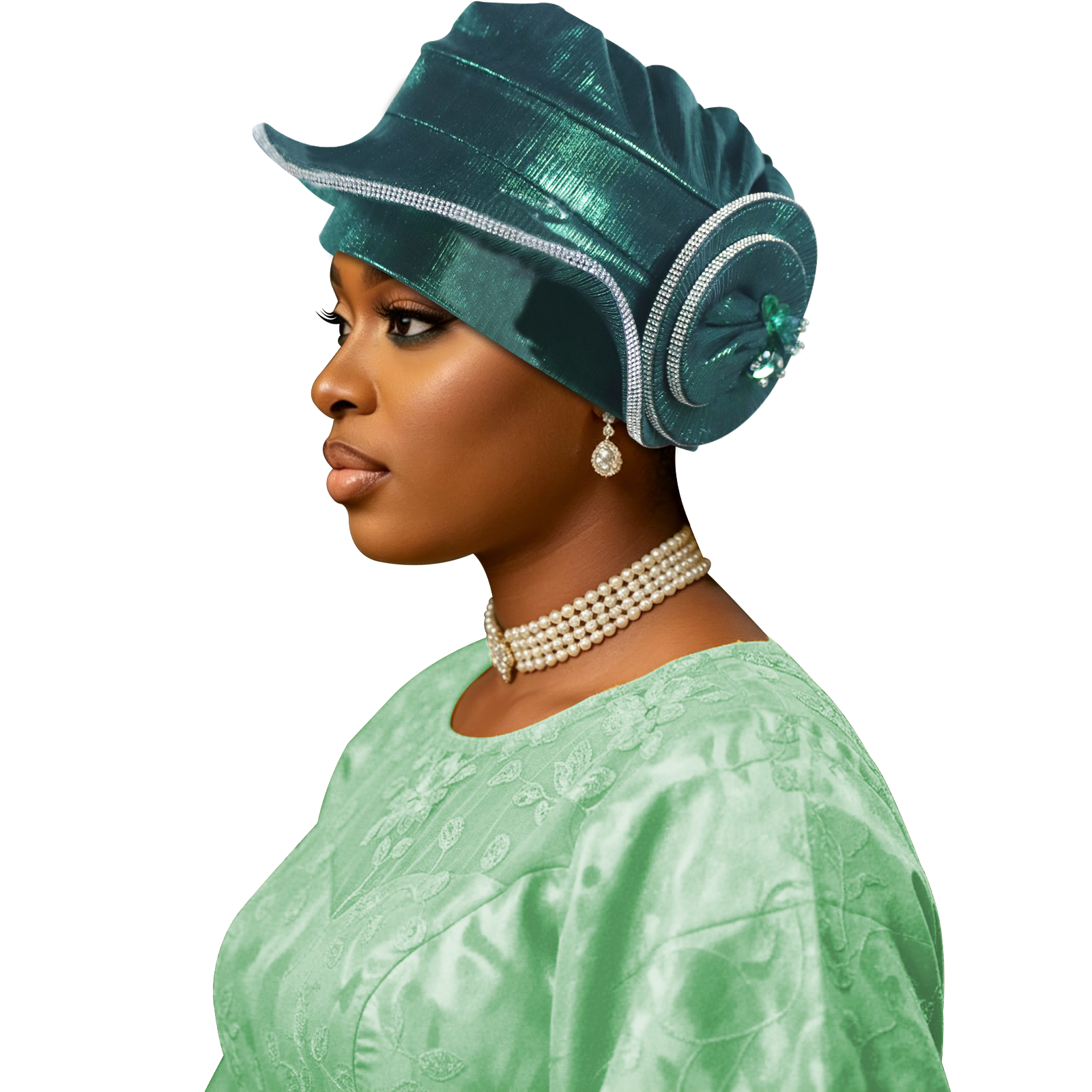Turban Béret Spirale de Luxe en Strass pour Femme, Foulard Africain Auto-Gélé, Coiffe Nigériane pour Mariage et Fête