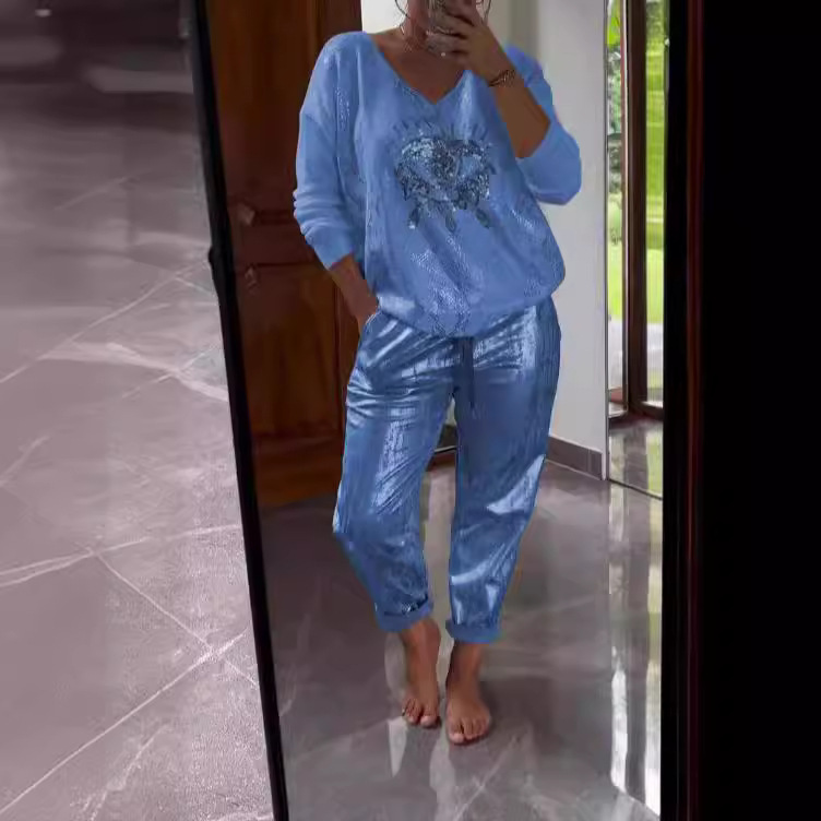 Ensemble pantalon 2 pièces, col en v, manches longues, pull à paillettes, haut à lacets, pantalon droit, costume, nouveaux vêtements pour femmes
