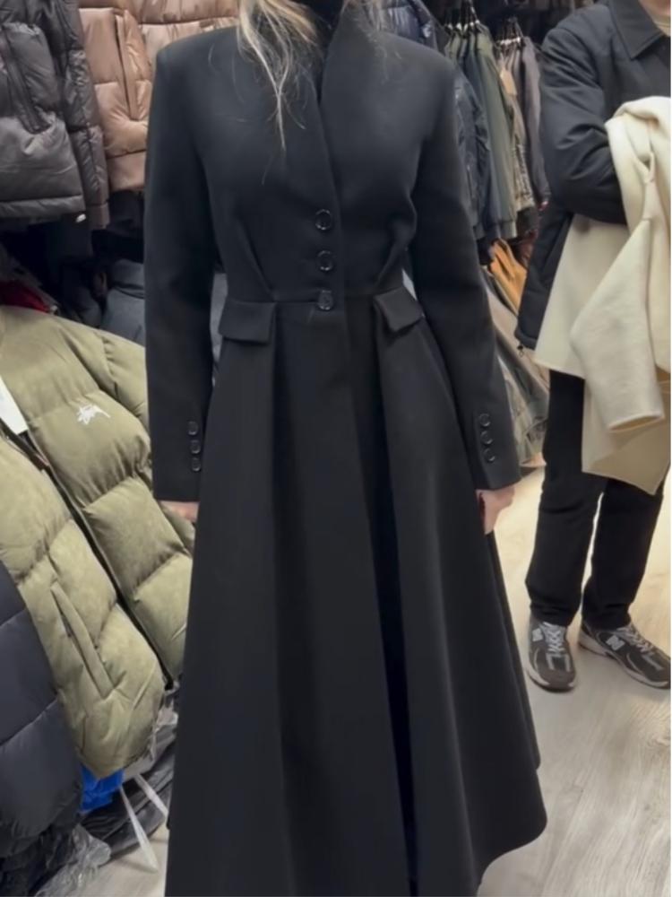 Manteau long ajusté à la taille en mélange de fausse laine pour femme, manches longues, boutonnage simple, ourlet évasé, manteaux d'hiver 2026, manteaux vintage