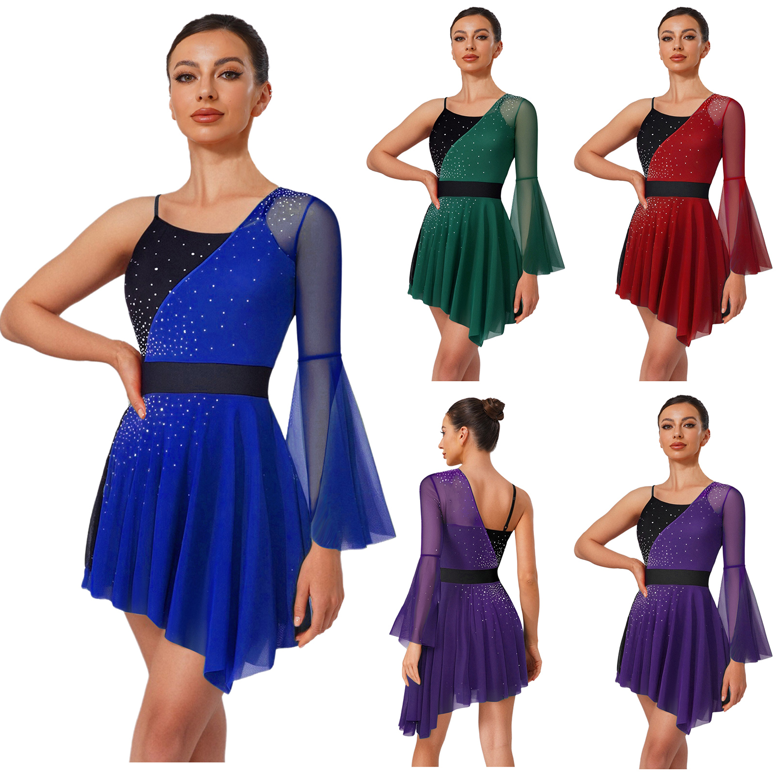 Robe de patinage artistique pour femmes adultes, justaucorps de danse lyrique, gymnastique rythmique, maillot brillant en maille orné de strass