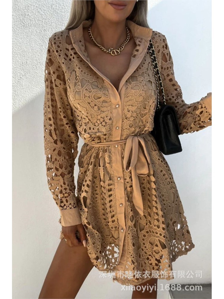 Robe chemise en dentelle évidée pour femme, mini robe élégante, bouton à lacets, dame de bureau, sexy, femme, printemps, automne