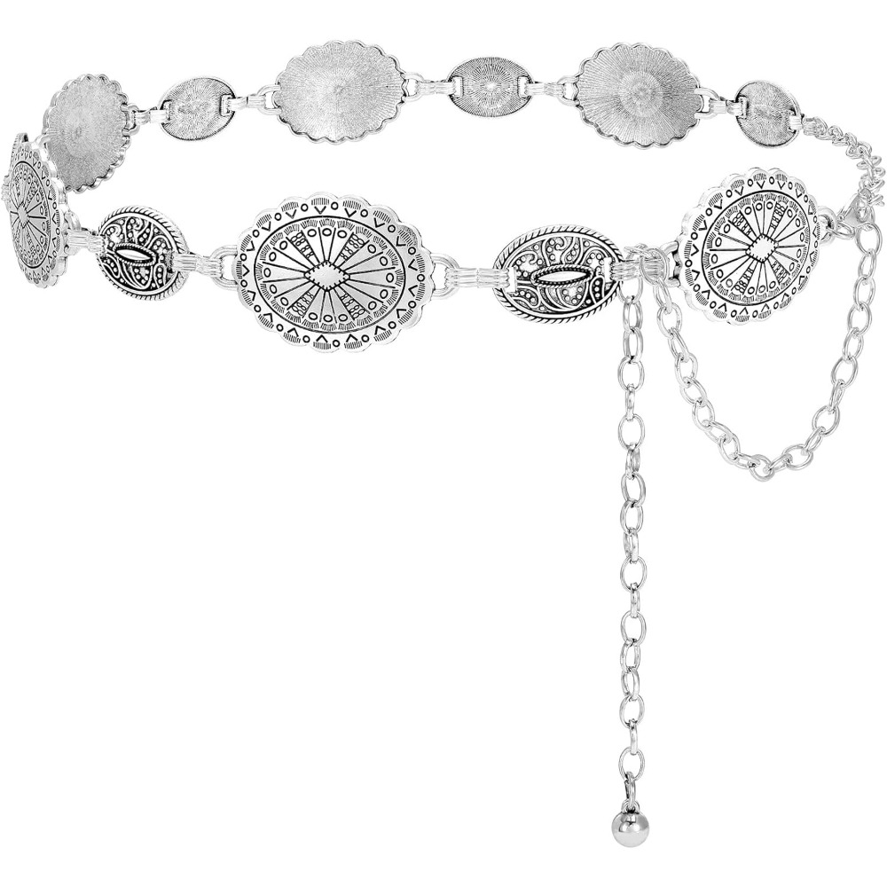 Ceintures à chaîne bohème pour femmes, pour jeans, robes, ceinture à chaîne de taille en argent western avec concho pour femmes, ceinture de cow-girl en métal réglable