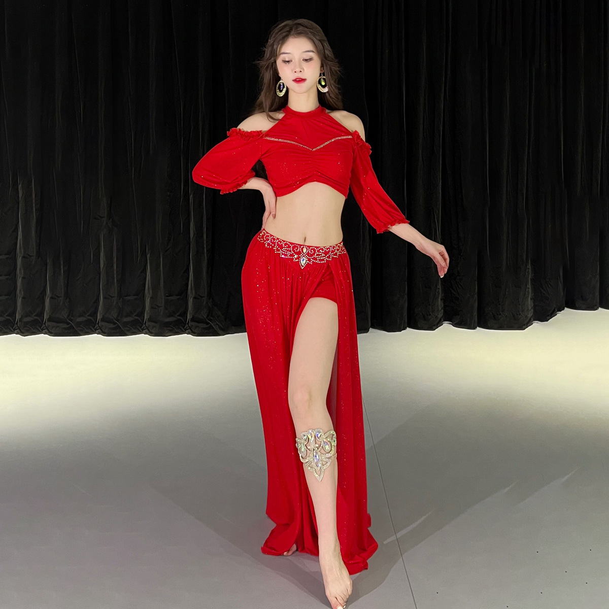 Ensemble de costumes de danse du ventre pour femmes, haut en gaze à demi-manches + jupe fendue avec pierres AB senior, tenue de danse du ventre orientale pour adultes, 2 pièces