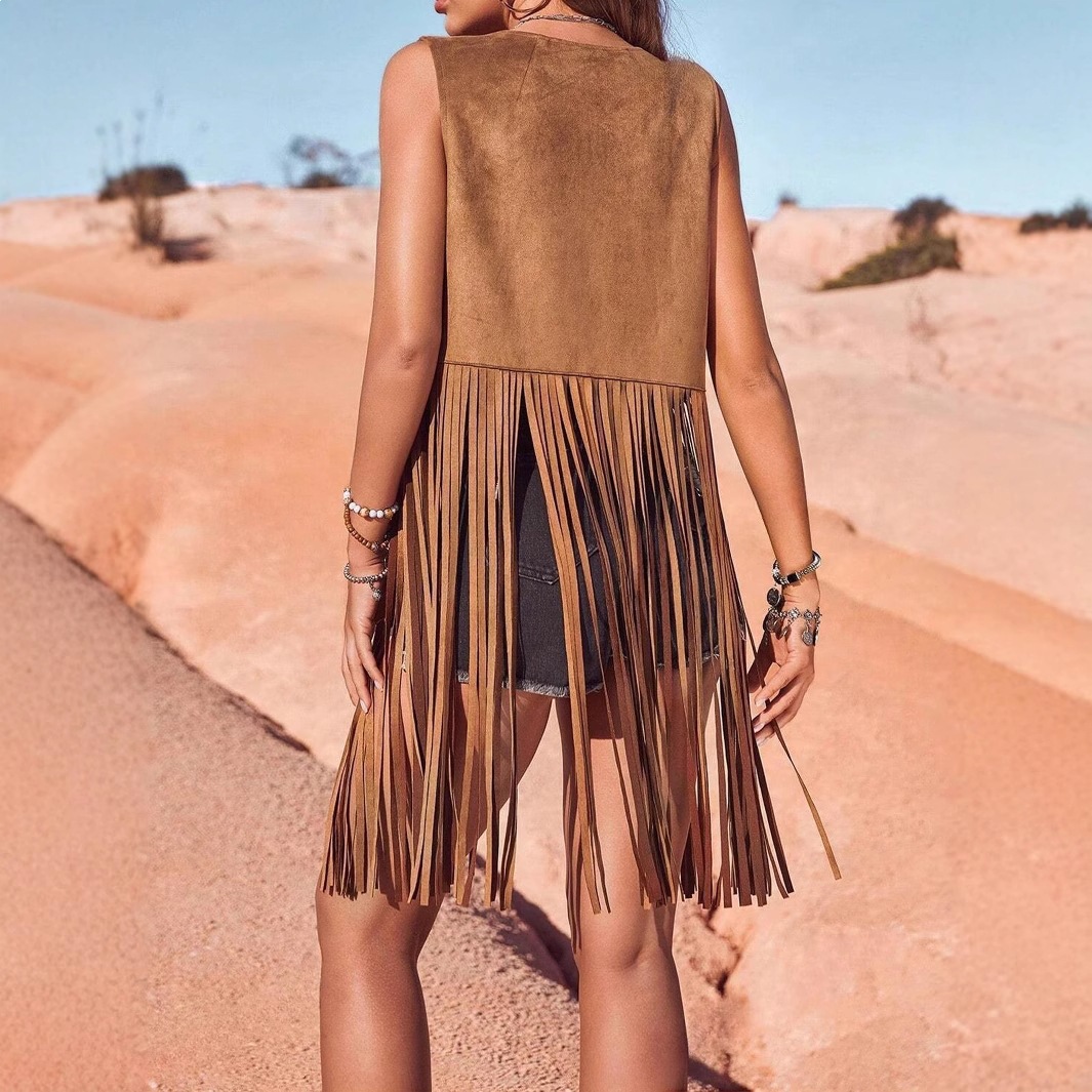 Gilet à franges sans manches pour femmes, style européen et américain, à la mode
