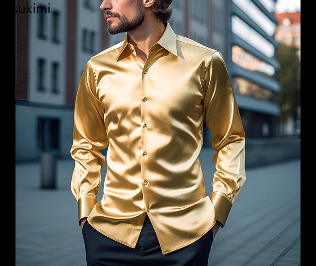 Chemise de luxe en Satin de soie pour hommes, manches longues, décontractée, coupe cintrée, pour bureau d'affaires, élégante, couleur unie, revers, fête de mariage, bal