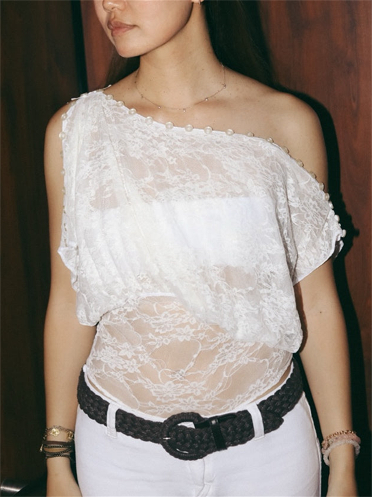 Femmes dentelle haut élégant femmes dentelle broderie haut col rond manches courtes boutons solide été pure T-shirt Clubwear