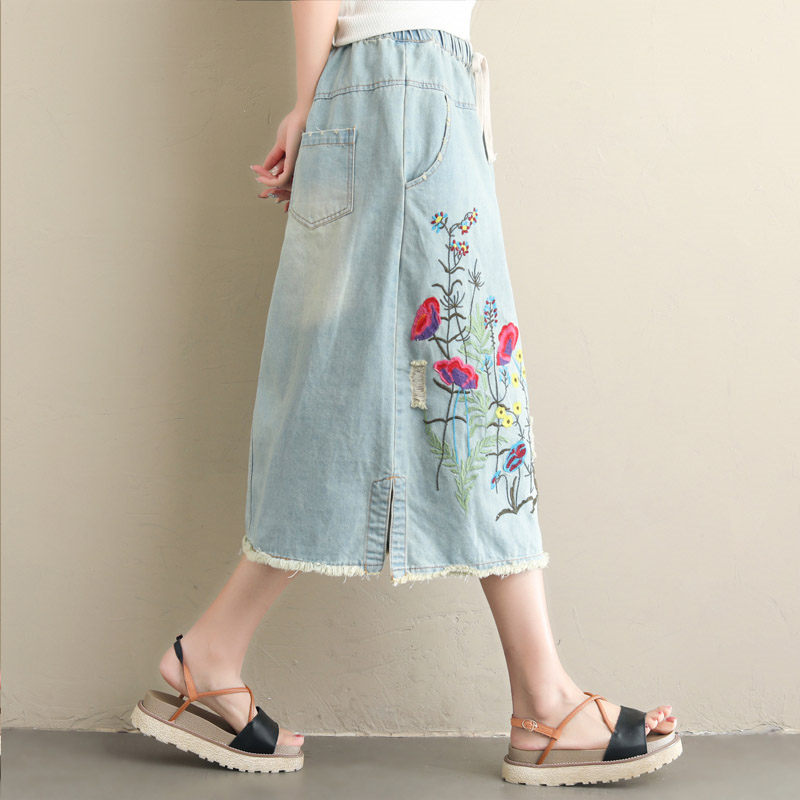 Jupe en jean taille élastique pour femmes-jupe longue brodée Vintage extensible confortable avec poches tenue décontracté coréenne F1209