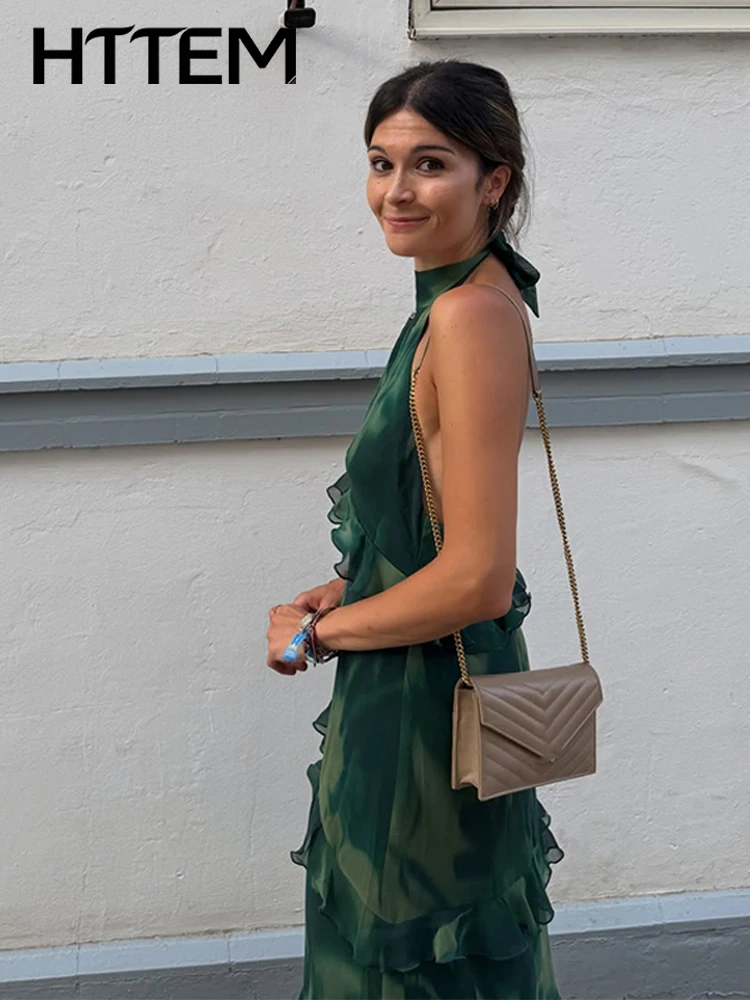 Robe longue pour femme à imprimé sexy et volants, élégante, dos nu, sans manches, ajourée, pour soirée estivale et vacances, nouvelle collection 2026.