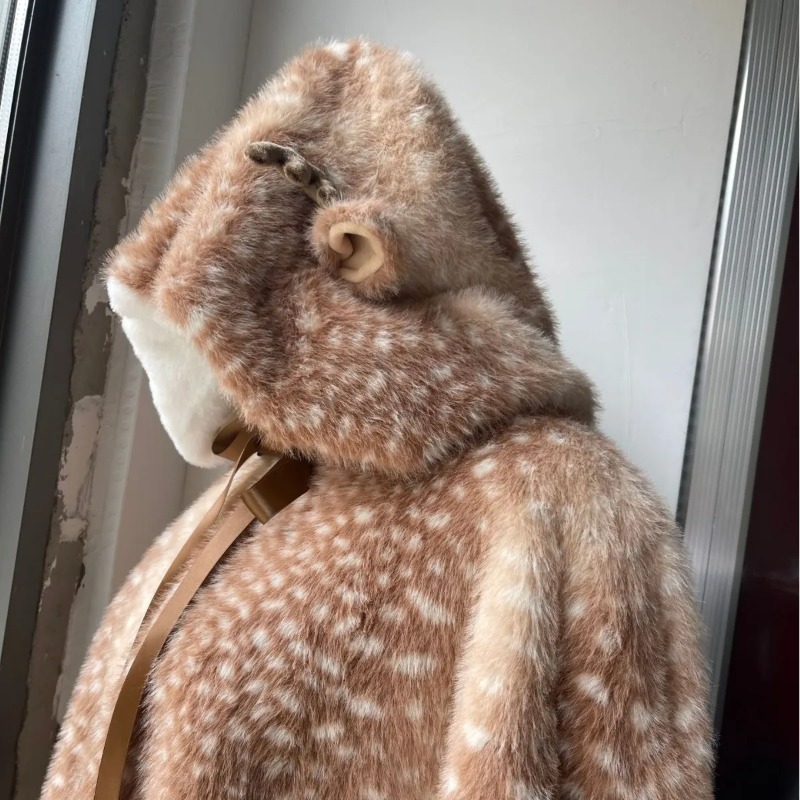 Manteau de noël en peluche japonaise pour femmes, mignon imprimé cerf à pois, épais, cerf Kawaii, coupe-vent, veste châle d'élan, hiver