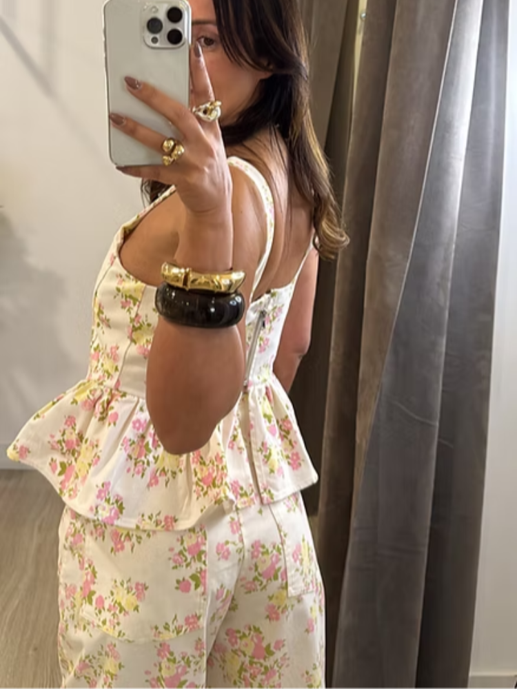 Ensemble de pantalons pour femmes à imprimé floral ​ Crop top sans manches assorti à un pantalon large à taille haute, ensemble 2 pièces ​ Tenue de printemps pour femme