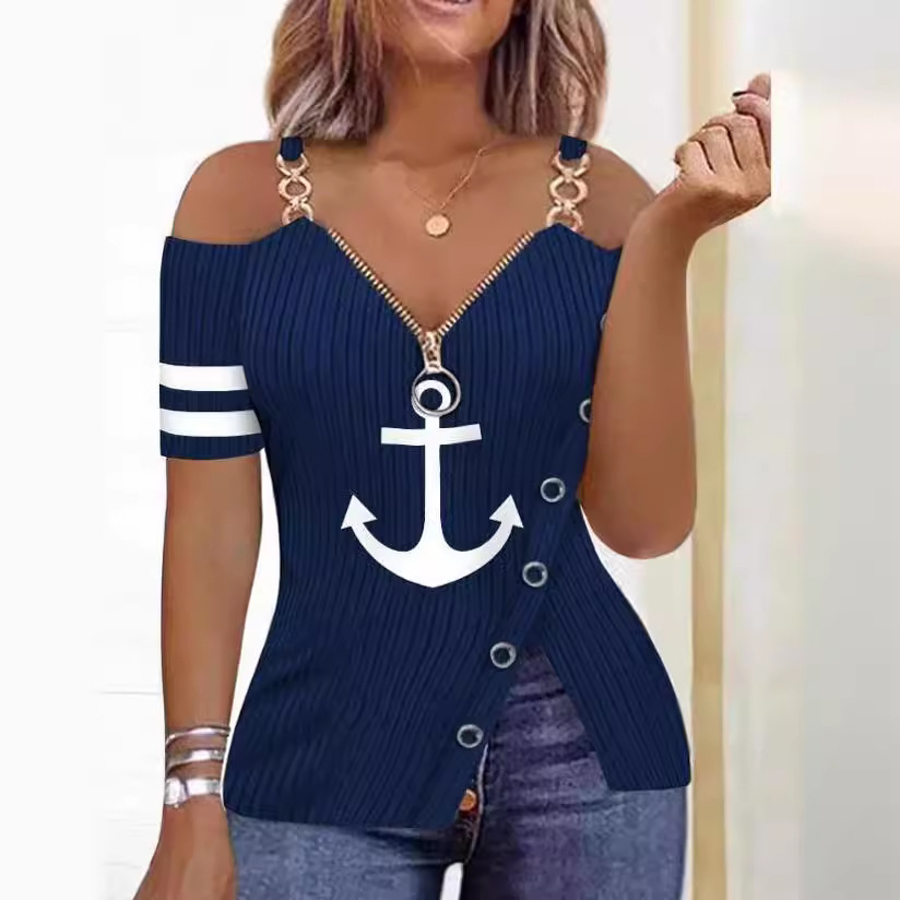 T-shirt à manches courtes pour femmes, haut imprimé, fermeture éclair, ourlet fendu, printemps, été, vêtements pour femmes, chemisier en Y
