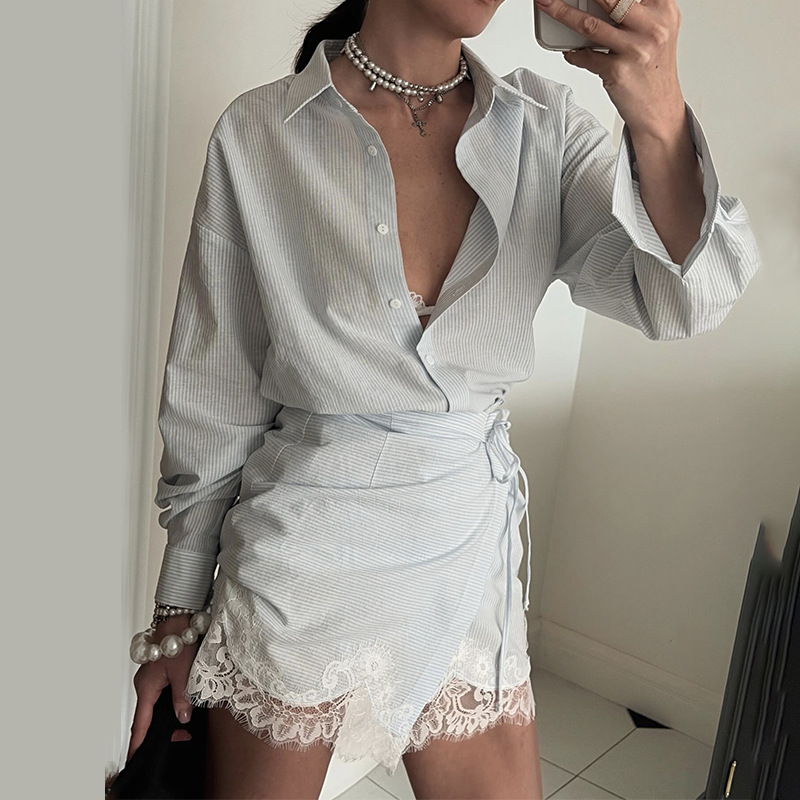 Ensemble chemise et jupe à rayures en dentelle pour femme, manches longues, printemps-été 2026, nouveau style, tenue élégante et décontractée