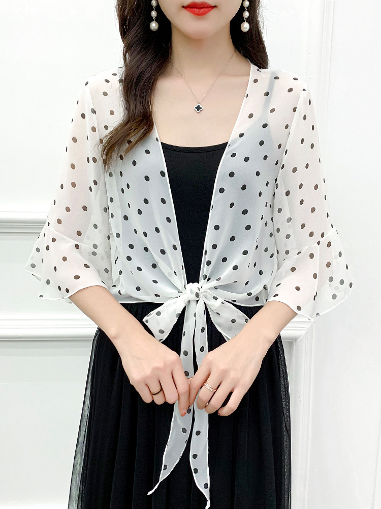 Robe de soirée en mousseline de soie noire et blanche pour femmes, col en v, élégante, Simple, douce, décontractée, à pois
