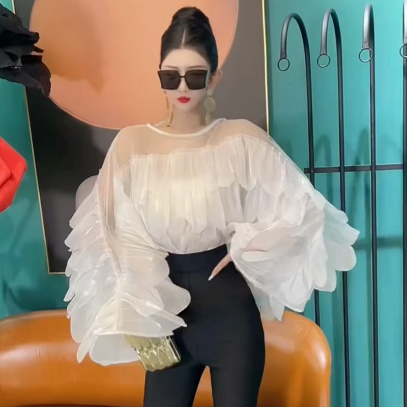 Femmes printemps haut d'automne chemise manches chauve-souris à volants irrégulier nouveau rétro Simple confortable ample décontracté nouvelle Niche douce polyvalente