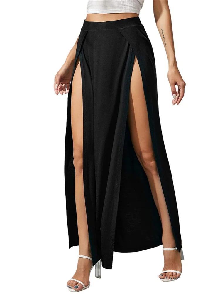 Jupes taille haute élastiques pour femmes, couleur unie, fente latérale haute, coupe ample, longues, vêtements de plage