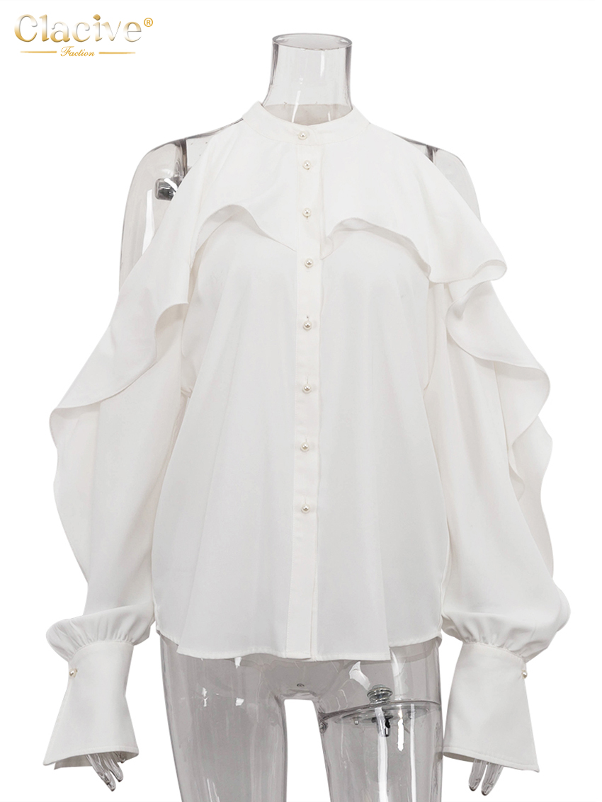 ClacMarkets-Chemise à manches longues à col rond pour femmes, haut à volants classique, vêtements féminins élégants, sexy, mode blanche
