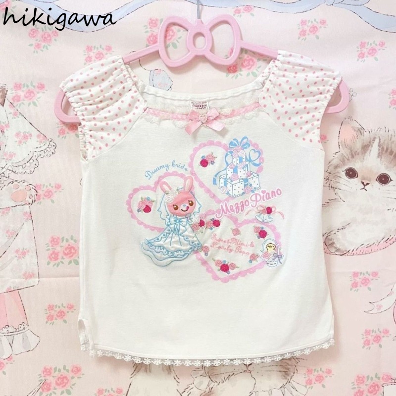 Été femme T-shirt mignon Y2k culture hauts 2025 Ropa Mujer japonais doux Camisetas à pois broderie décontracté mode t-shirts