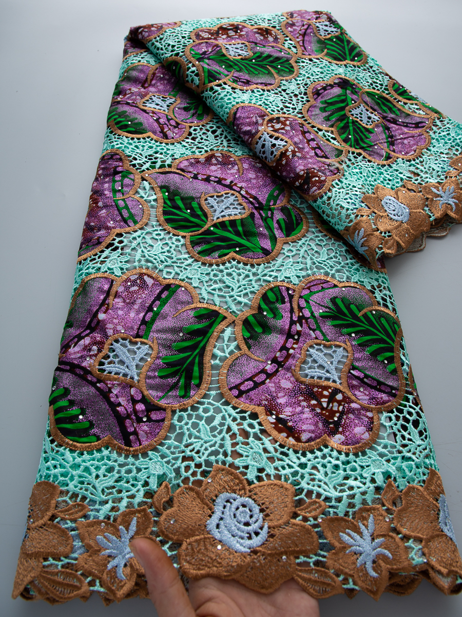 Tissu en dentelle cirée africaine 100 % coton avec paillettes, 5Y, dentelle cordonnée 3D brodée douce et tendance pour robes féminines, dentelle à broder pour la couture