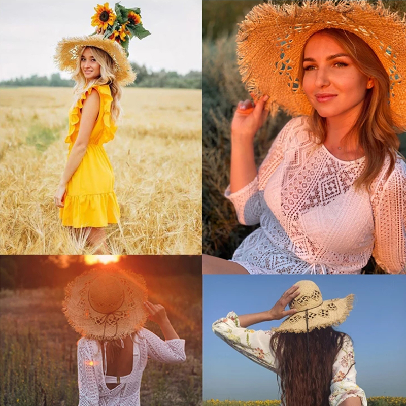 Chapeau de paille en raphia pour femmes, avec nœud papillon, ombrage, panama, large bord, pour les vacances, nouvelle collection été