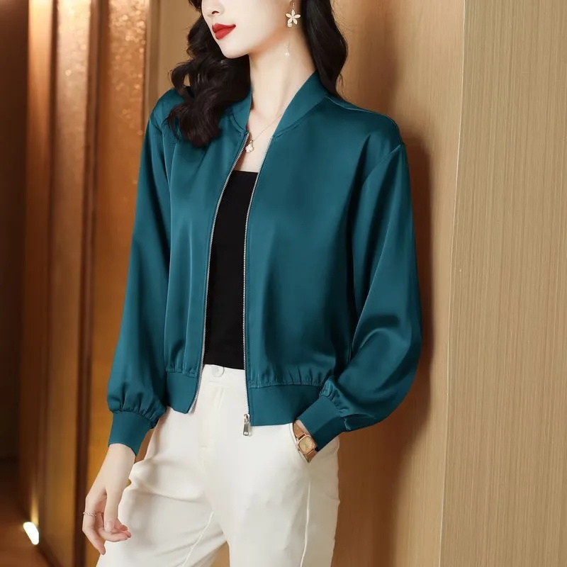 Manteau court en soie pour femmes, col de Baseball lisse, veste courte printemps/été, chemise de protection solaire, haut à manches longues avec fermeture éclair, à la mode, 2025