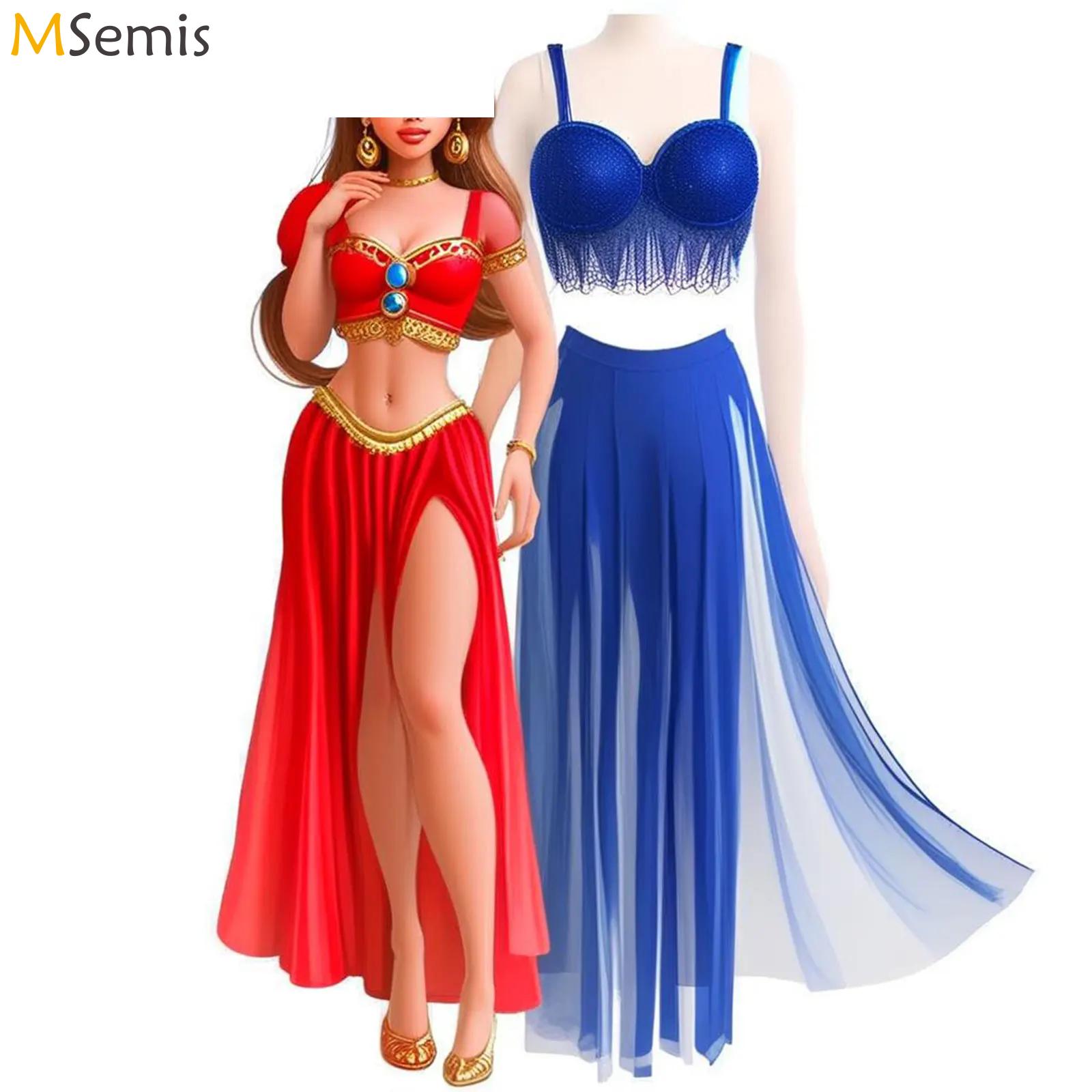 Tenues de danse du ventre orientale pour femmes, haut court dos nu, jupe fendue en maille à franges et paillettes pour spectacle de danse indienne, fête d'Halloween