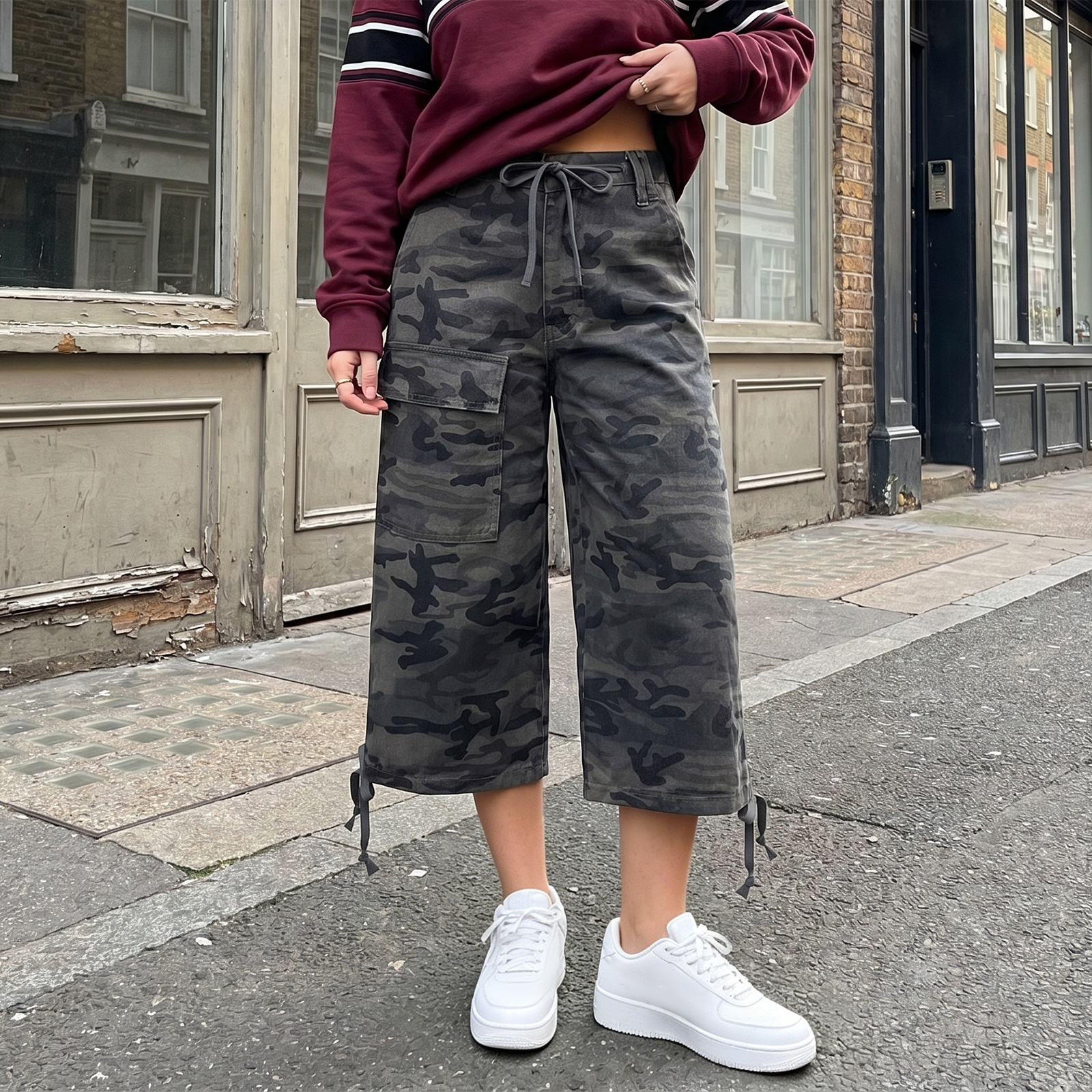 Shorts de travail décontractés camouflage pour femme, coupe ample, en jean denim sept-quarts avec poches, style urbain, été 2025