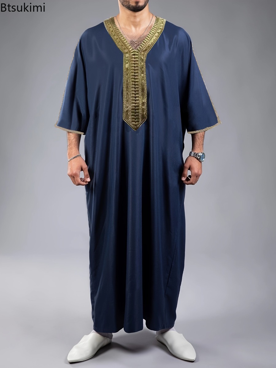 Kaftan Eid 2026, mode musulmane, abaya pour hommes, manches courtes, broderie, robe décontractée ample et respirante, robe caftan arabe islamique de Dubaï