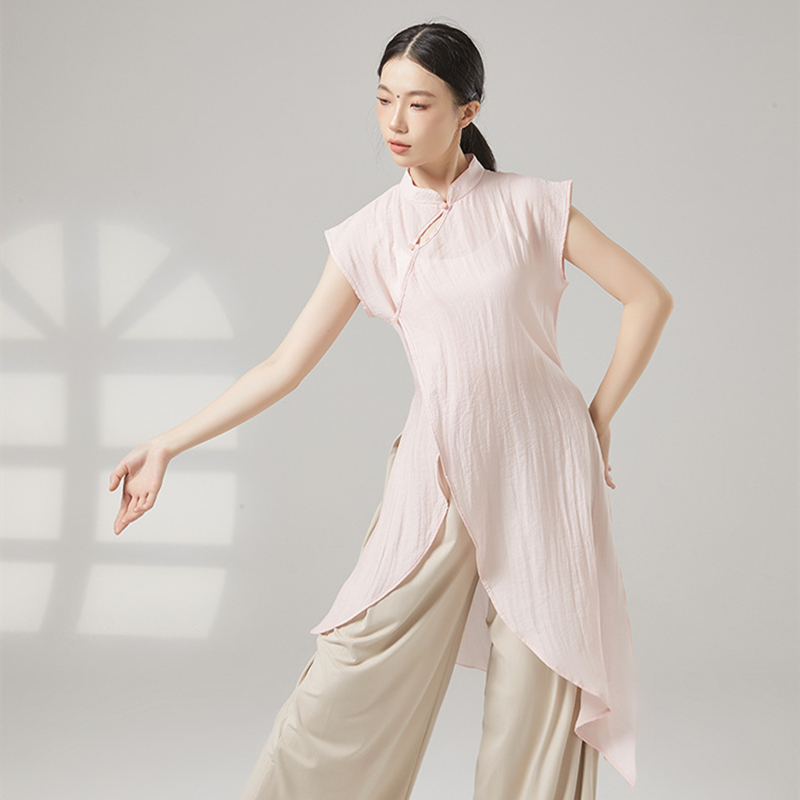 Costumes de danse classique pour femmes, Vintage, col Qipao, hauts Hanfu, robe longue, chemise à manches courtes, ourlet irrégulier, vêtements de Performance