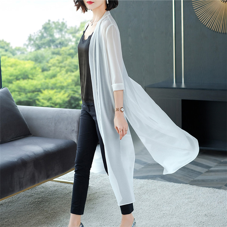 Cardigan long en mousseline, chemisier pour femme avec ceinture, style coréen transparent, tendance Y2K, haut féminin pour le printemps et l'été.