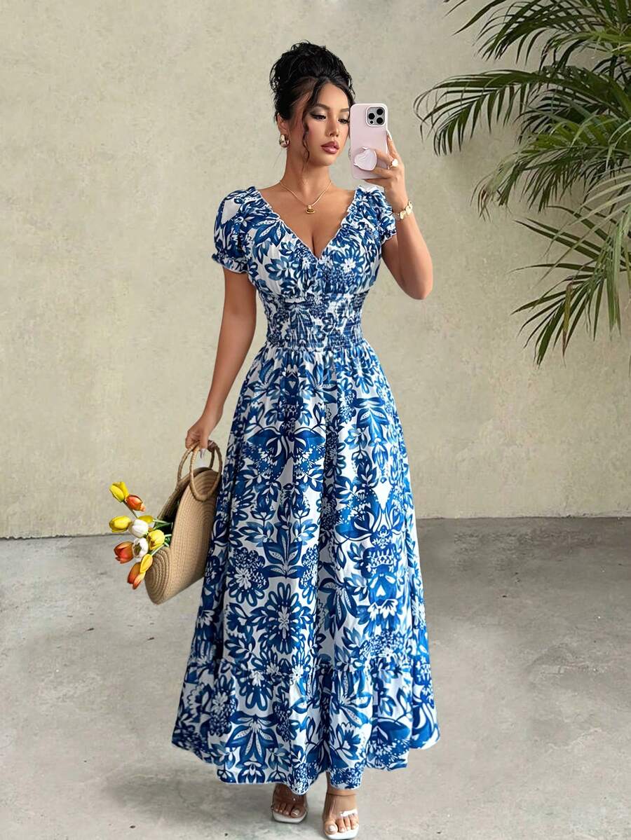 Robe longue élégante et charmante pour femme, nouvelle robe légère en tissu floral avec manches bouffantes, dos ouvert et taille froncée, idéale pour les rendez-vous et les vacances