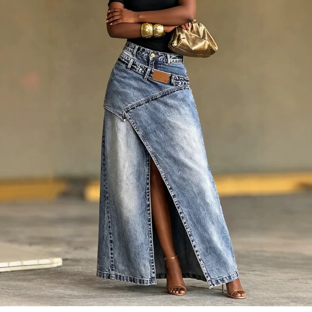 Nouvelle jupe longue en jean taille haute fendue irrégulièrement pour femme, style streetwear décontracté, coupe trapèze, tenue de rue tendance printemps-automne