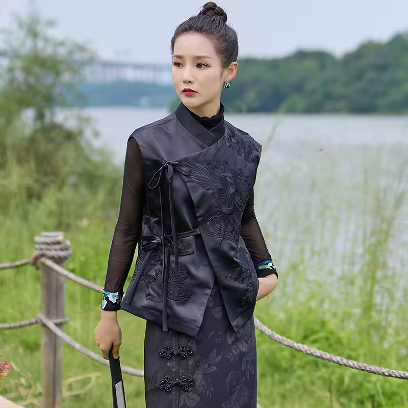 Gilet d'extérieur Vintage de Style chinois, grue blanche/fleurs, gilets à laçage brodés, vêtements élégants pour femmes, printemps et été