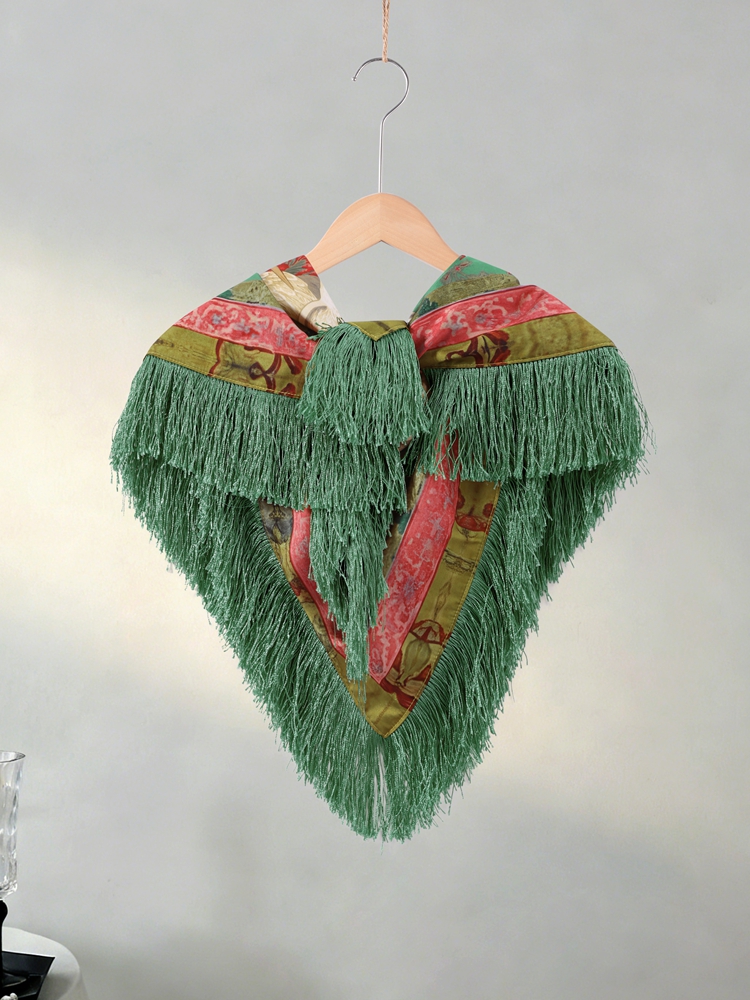 Écharpe carrée vintage 2026 imprimée à franges et patchwork pour femme, vert, mode décontractée, style urbain, printemps, châle pour femme