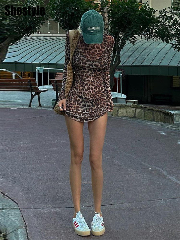 ShKouLeopard-Robe trapèze sexy pour femme, maille transparente, imprimé animal, mode extrêmement chaude, rue haute, ensemble 2 pièces