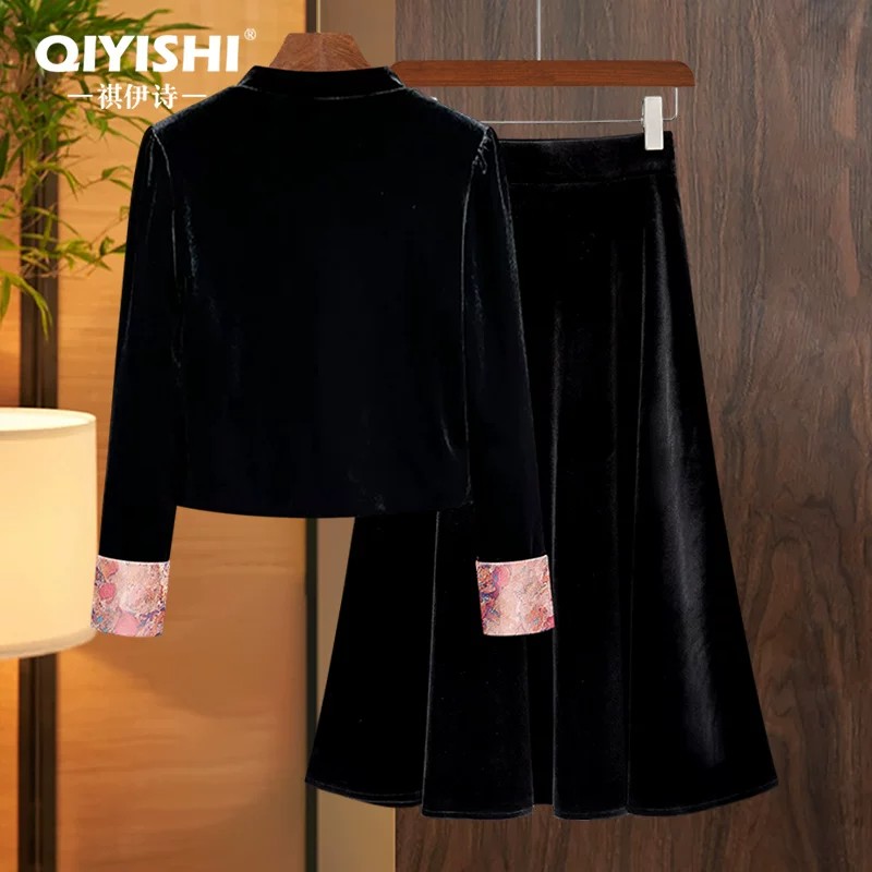 Ensemble de costume en velours noir brodé pour femmes, automne-hiver, chemise à manches longues + jupe, 2 pièces, tenues élégantes et rétro à la mode