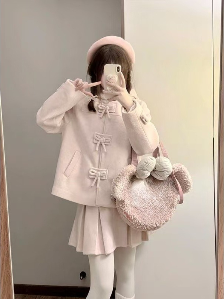 Ensemble 2 pièces en laine rose pour femme, manteau chaud avec nœud + Mini jupe plissée, mode japonaise, tenues de princesse Kawaii, nouvelle collection hiver 2025