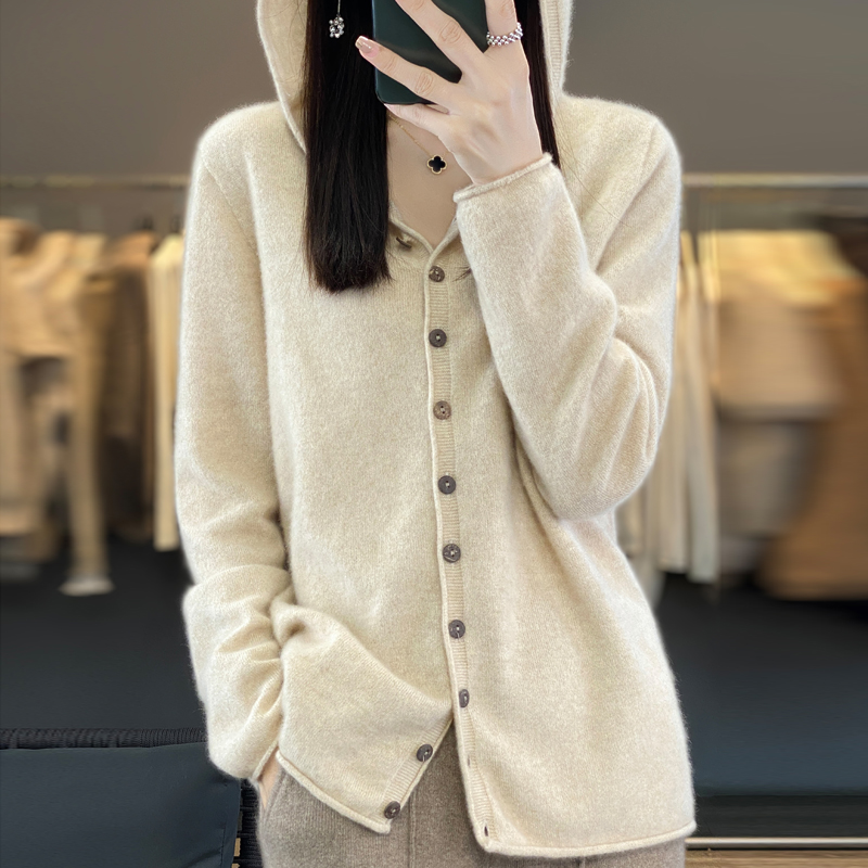 Cardigan à Capuche en Cachemire 100% Laine Mérinos pour Femme, Pull Solide, Tricot Chaud
