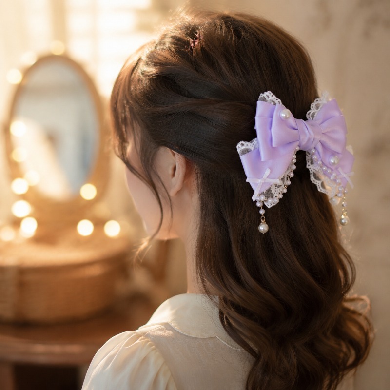 Barrettes antidérapantes en satin, dentelle, perles et nœuds, pour femmes, style Lolita, mariage, usage quotidien, fête, séance photo, accessoires pour cheveux, 8 couleurs