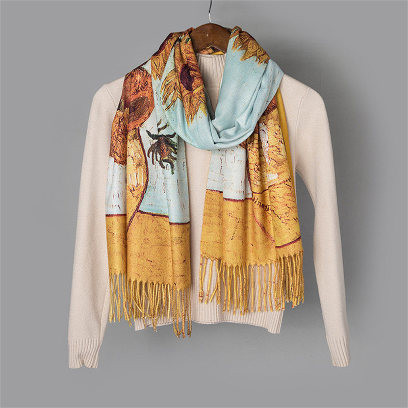 Écharpe en Cachemire de Van Gogh pour Femme, Peinture à l'Huile, Vase à Tournesol, Pashmina à Pampilles, Couverture, Châles Enveloppants, Design de Mode, Foulard, Hiver, 2022