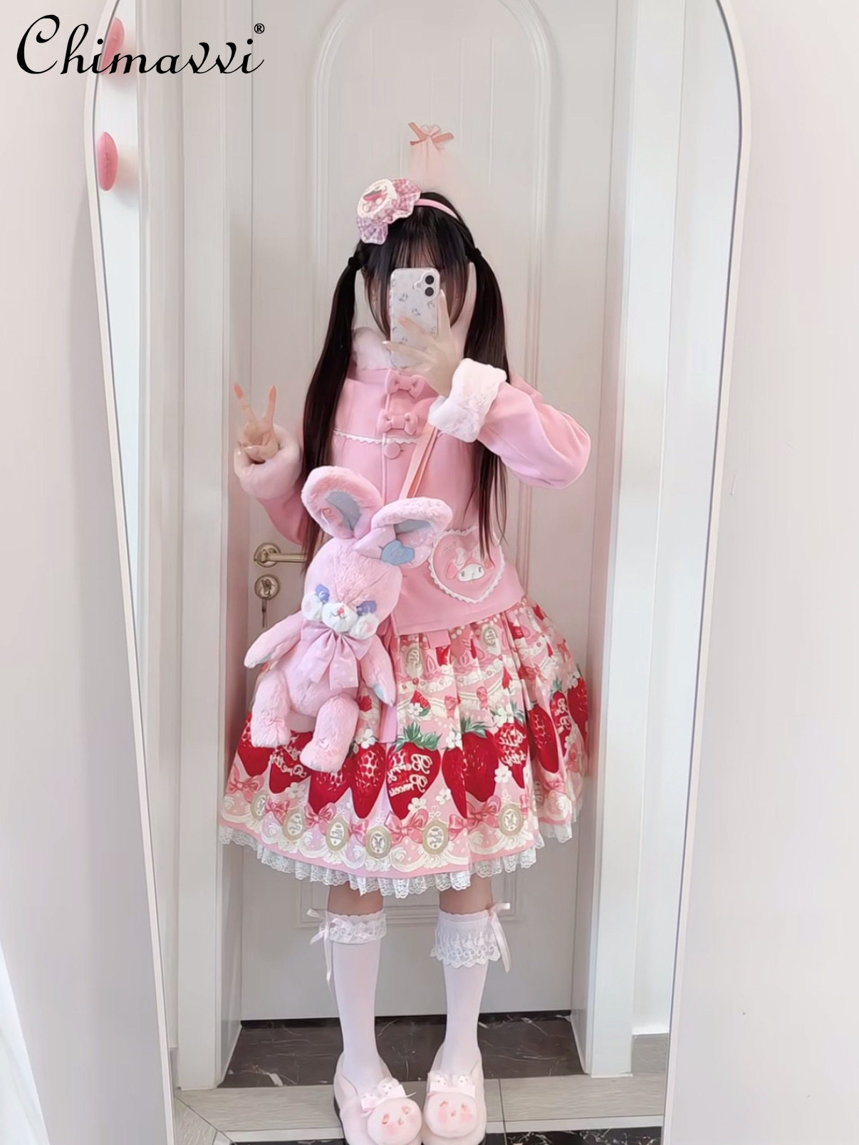 Manteau en peluche rose de Style japonais pour femme, mignon, doux, avec nœud papillon, oreilles de lapin, à capuche, court, en laine épaisse, automne et hiver
