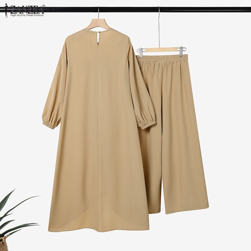 Ensemble musulman ZANZEA 2 pièces pour femmes, hauts longs avec pantalon large, ourlet asymétrique, kaftan, abaya, tenue de Ramadan, hijab, survêtement