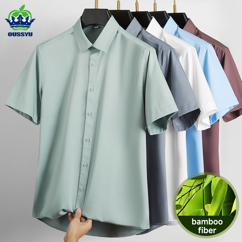 Chemise Homme d'Été en Fibre de Bambou, Légère, Douce et Confortable, à Manches Courtes, Respirante, Blanche, Idéale pour les Affaires et les Banquets
