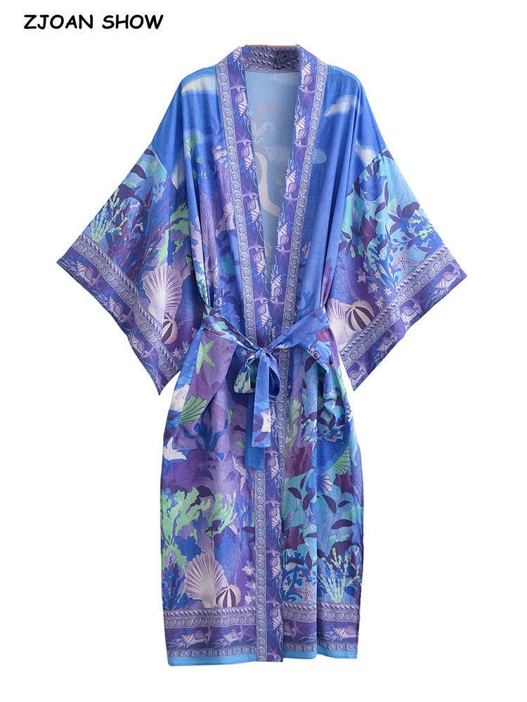Kimono à imprimé fleuri sirène, col en V, chemise longue, hippicopter, marée, ceintures à nœud, cardigan midi, chemisier adt, cape de plage, vacances
