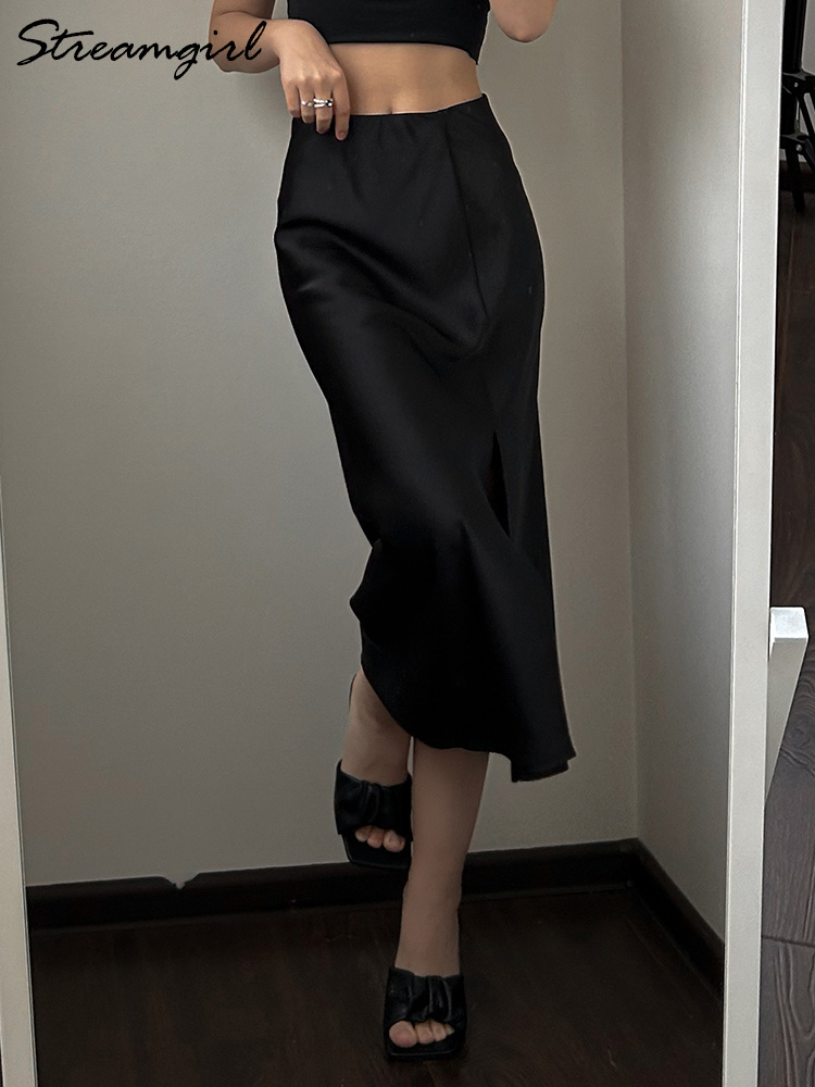 Jupe mi-longue en satin noir pour femme, taille élastique, fendue, bureau, ligne A, haute qualité