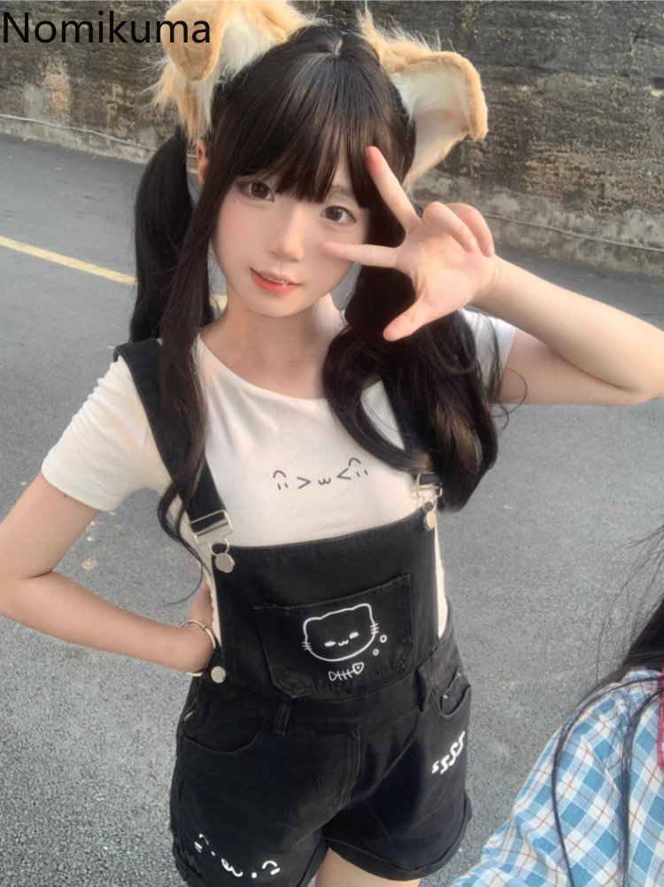 Ensembles courts vêtements d'été femmes deux pièces ensemble tunique t-shirts blancs dessin animé salopette Shorts tenues Style Preppy costume japonais