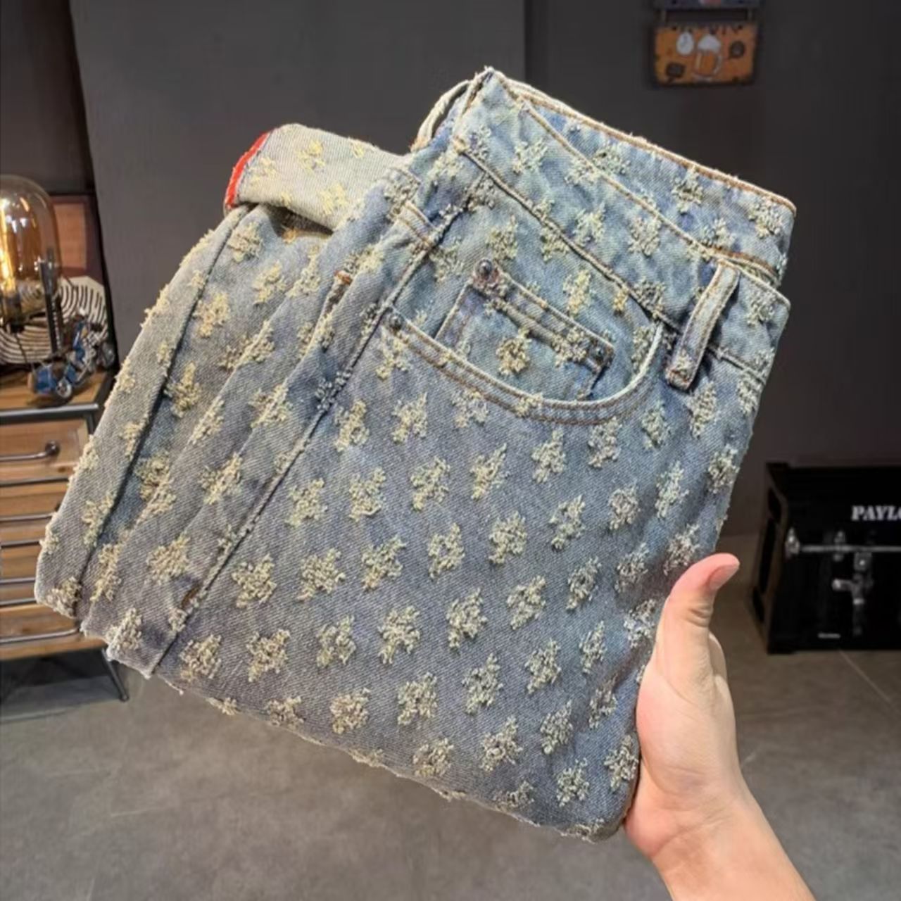 Jean Jacquard imprimé complet pour hommes, pantalon Streetwear haut de gamme, tendance, américain, High street, jambe droite, légèrement évasé, été